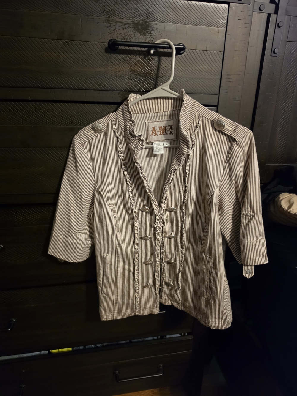 Ami Striped Ruffle Button-Front Jacket in Tan and White